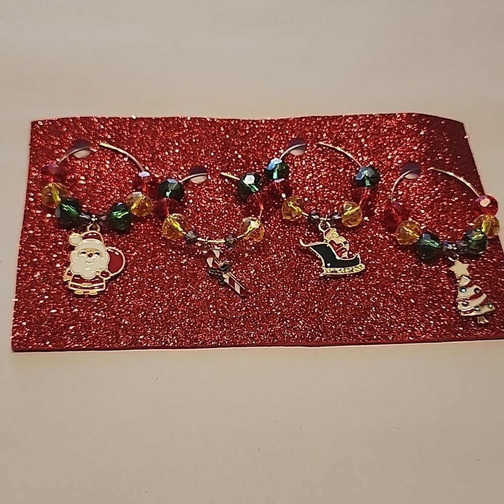 Wine Glass Christmas Charms Santa, Sleigh, Candy Cane, Tree w/ Ornaments